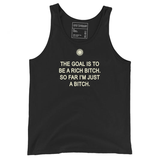 Black unisex tank top with front slogan graphic and crew neck binding