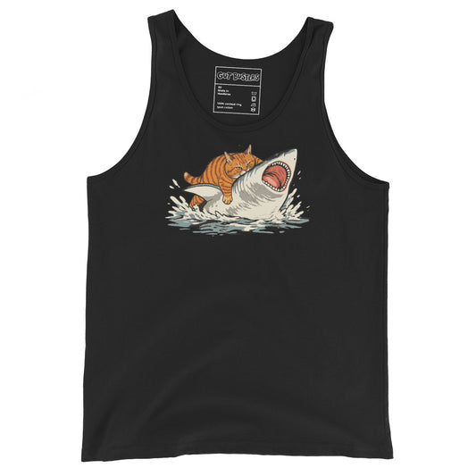 Unisex tank top, black with orange cat-and-shark graphic on the front