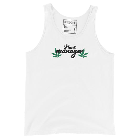 White unisex tank top with Plant manager cannabis leaf graphic on chest