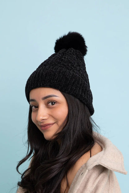Velvet Cable Knit Pom Beanie knit winter hat in Charcoal