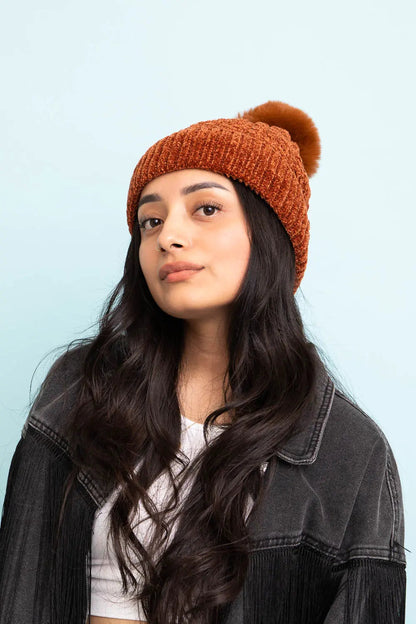Velvet Cable Knit Pom Beanie, cozy knit winter hat – view 2