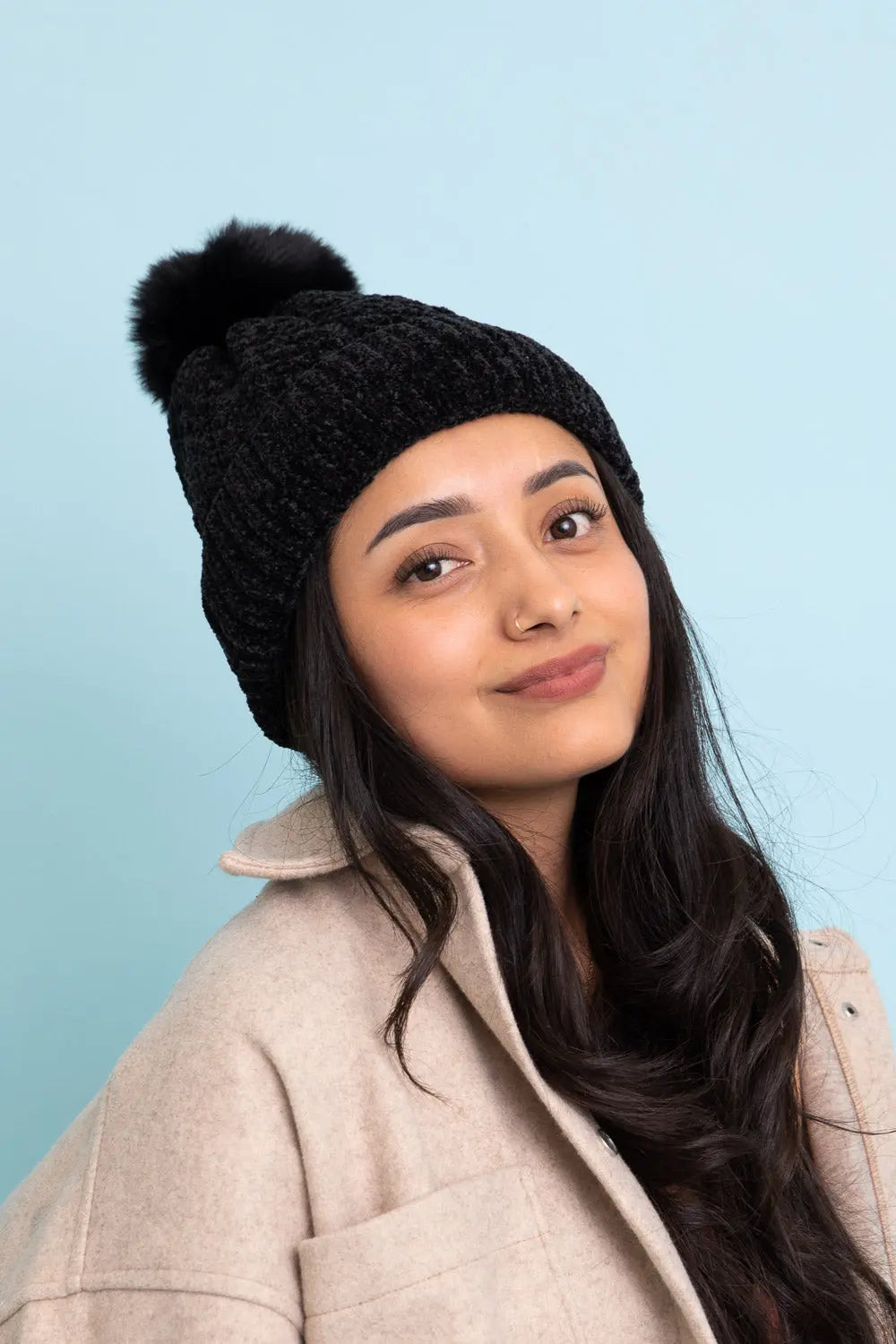 Velvet Cable Knit Pom Beanie, cozy knit winter hat – view 3
