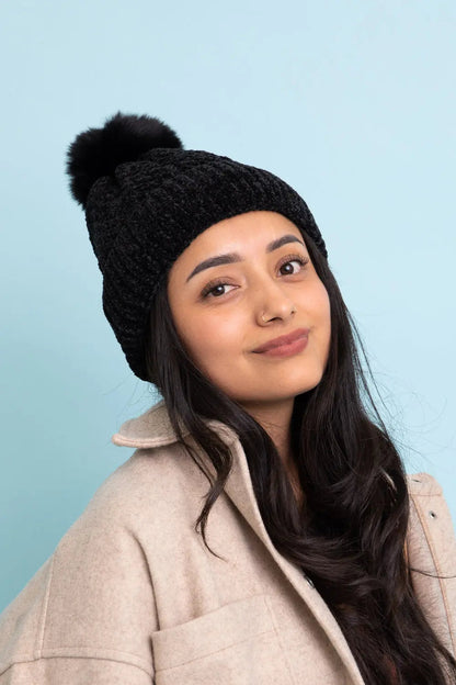 Velvet Cable Knit Pom Beanie, cozy knit winter hat – view 3