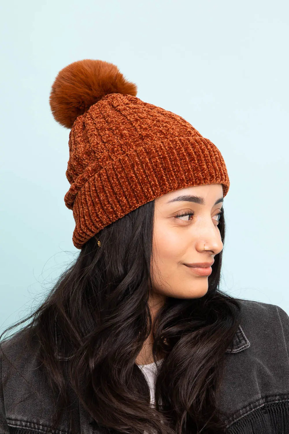 Velvet Cable Knit Pom Beanie knit winter hat in Rust