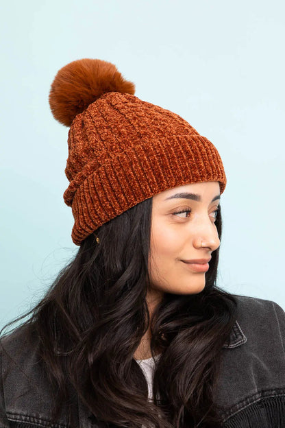 Velvet Cable Knit Pom Beanie knit winter hat in Rust