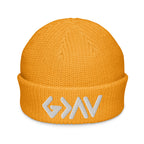 Bright orange Christian Beanie with stylish knit design and embroidered logo
