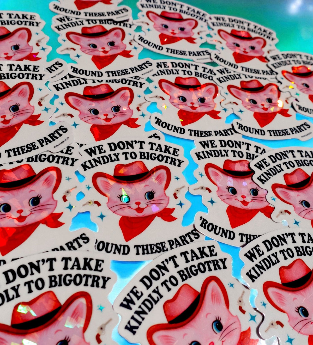 Funny Sheet of cat anti-bigotry stickers with repeated “WE DON'T TAKE KINDLY TO BIGOTRY” text