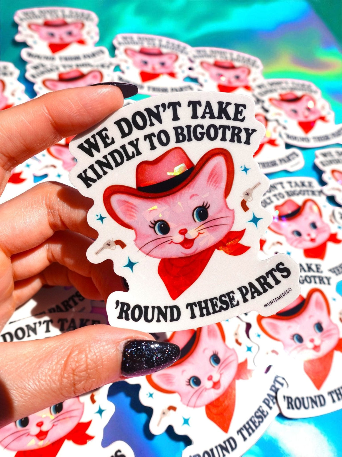 Funny Hand holding cat anti-bigotry sticker reading “WE DON'T TAKE KINDLY TO BIGOTRY”