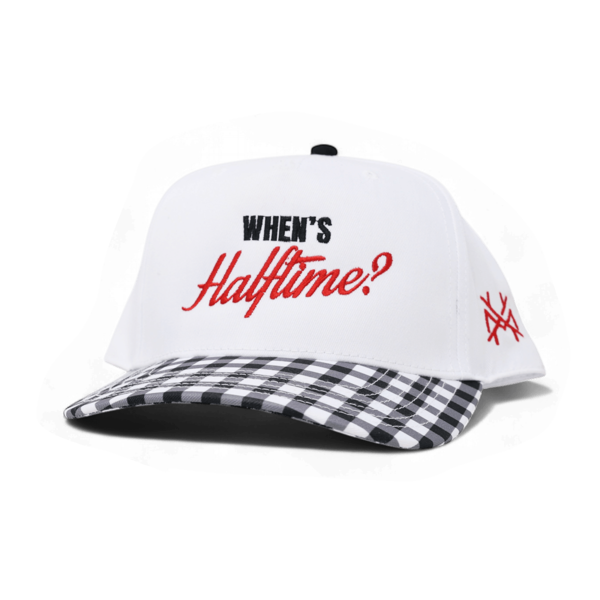 When's Halftime? Funny Embroidered Snapback Hat in Retro Checkered Black/White – Ivy + Cloth