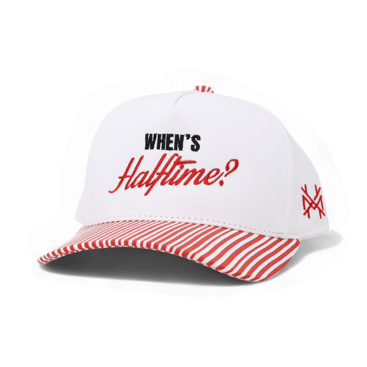 When's Halftime? Funny Embroidered Snapback Hat in Retro Red Striped/White – Ivy + Cloth