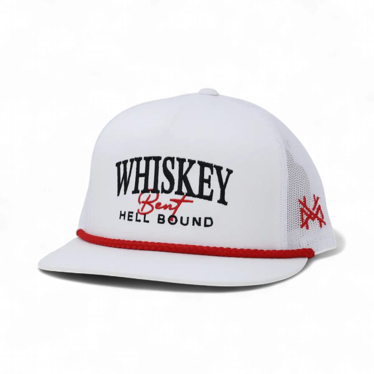 Whiskey Bent And Hell Bound Funny Embroidered Hat in Flat Bill White with Red Rope – Ivy + Cloth