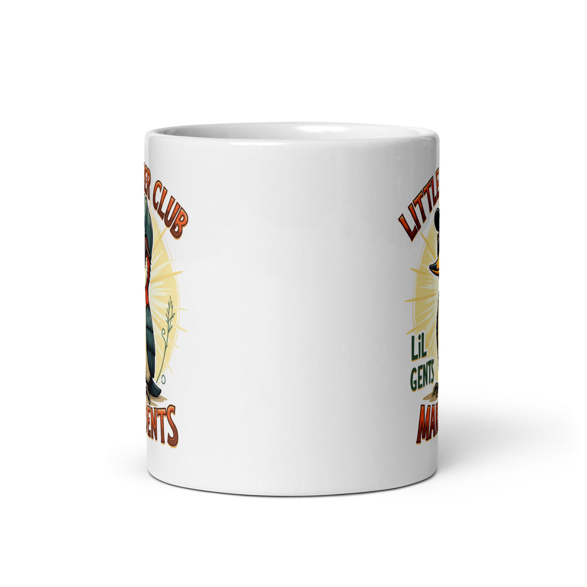 White glossy mug showing partial “Little Pecker Club” and “Lil Gents” print