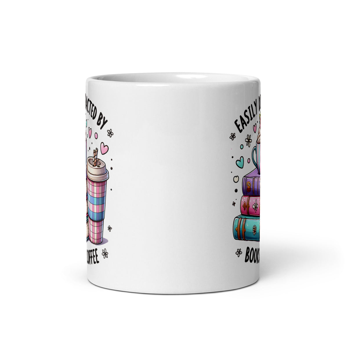 White glossy mug back view with partial “Easily distracted by” and cup graphic