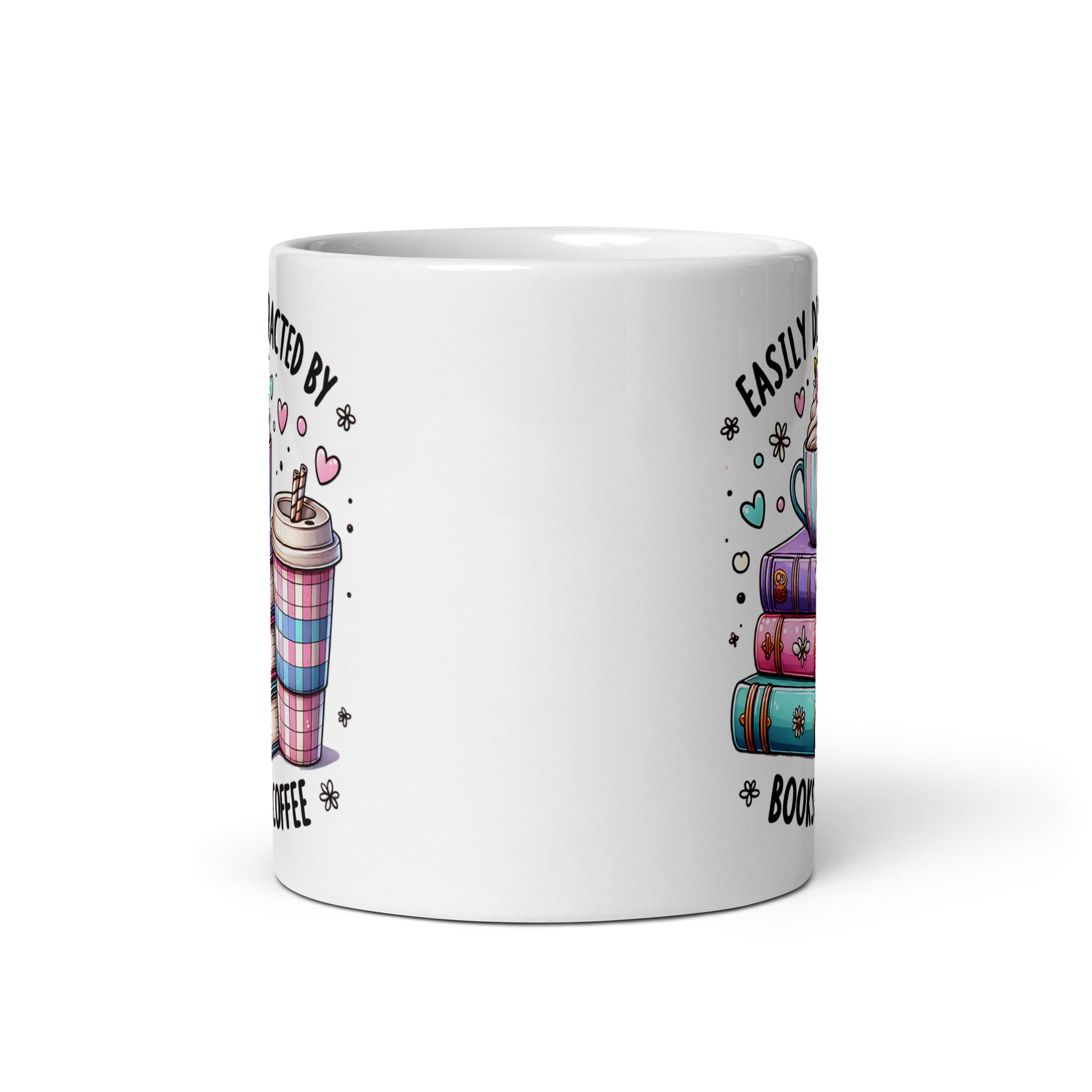 White glossy mug back view with partial “Easily distracted by” and cup graphic