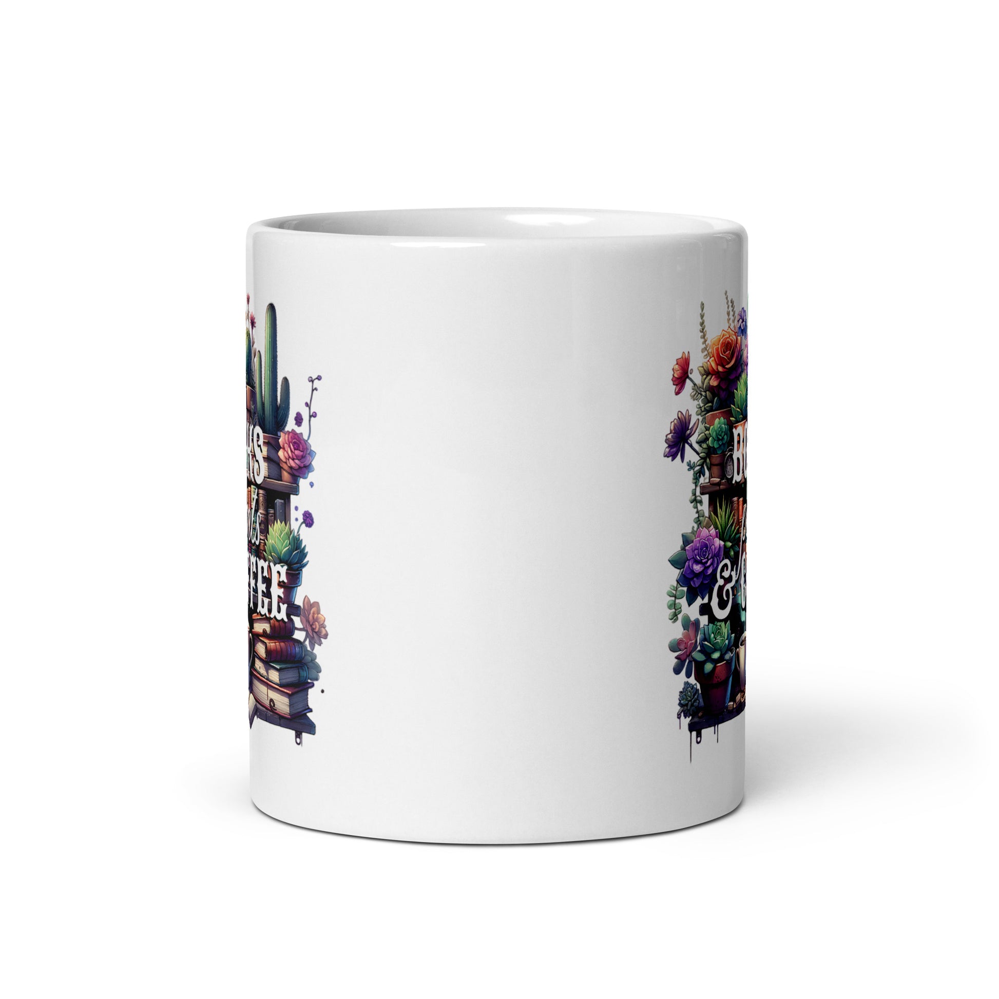 White glossy mug showing side sections of the “BOOKS plants & COFFEE” floral print