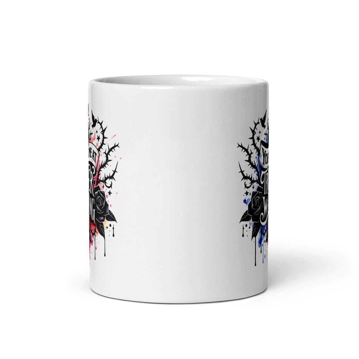 White glossy mug showing partial edge artwork on the reverse side