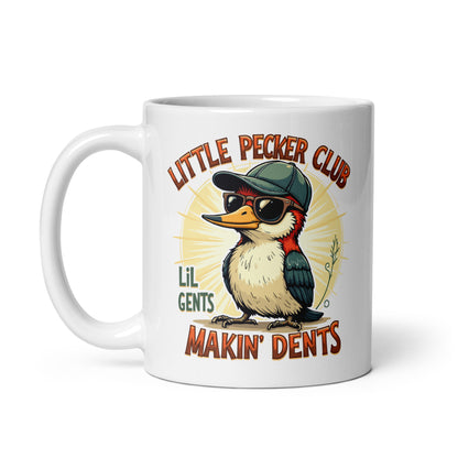 White glossy mug featuring illustrated owl with hat, “Lil Gents” and “Makin’ Dents”