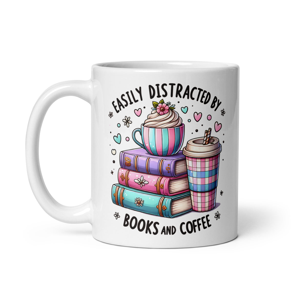 White glossy mug angled view with “Easily distracted by” headline and books-and-coffee art
