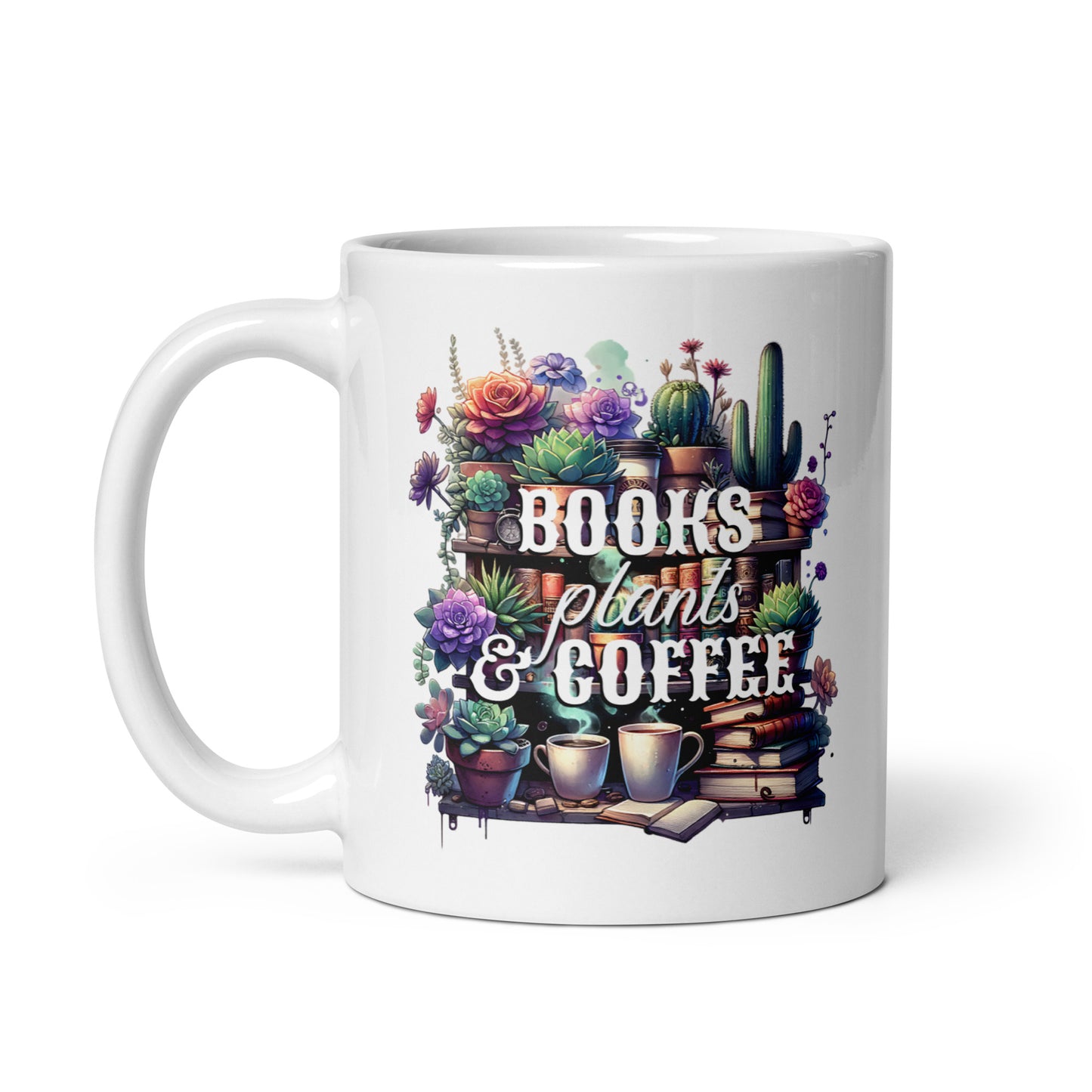 White glossy mug with full “BOOKS plants & COFFEE” design and wide handle