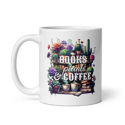 White glossy mug with full “BOOKS plants & COFFEE” design and wide handle