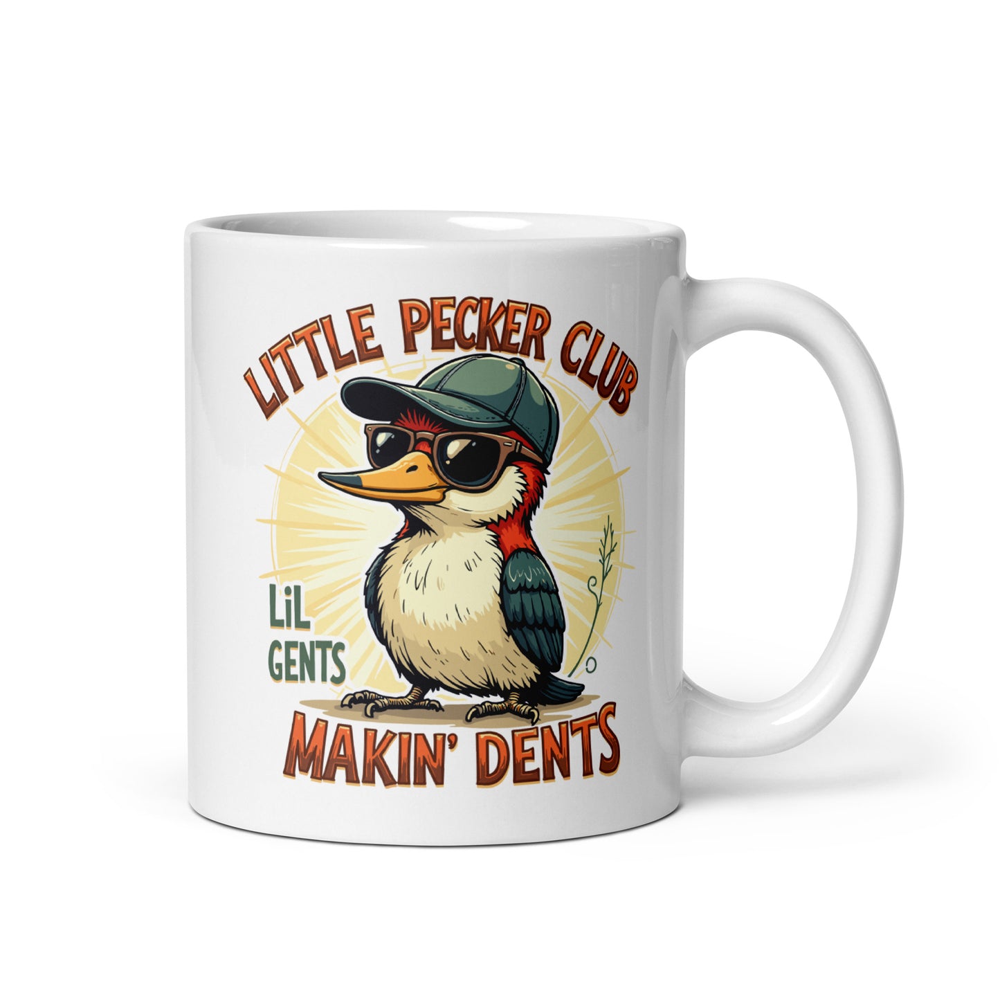 White glossy mug with owl graphic, “Lil Gents” and “Makin’ Dents” lettering