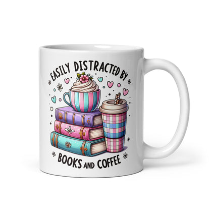 White glossy mug showing front print: books stack, cup, and “Books and Coffee” text
