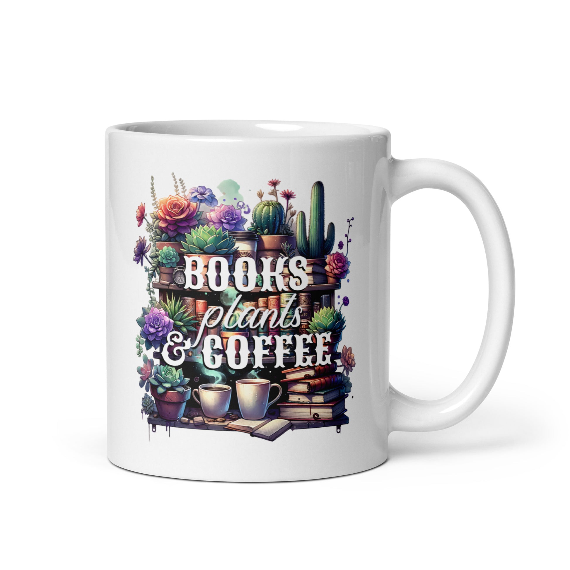 White glossy mug, front view with “BOOKS plants & COFFEE” floral shelf artwork