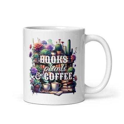White glossy mug, front view with “BOOKS plants & COFFEE” floral shelf artwork