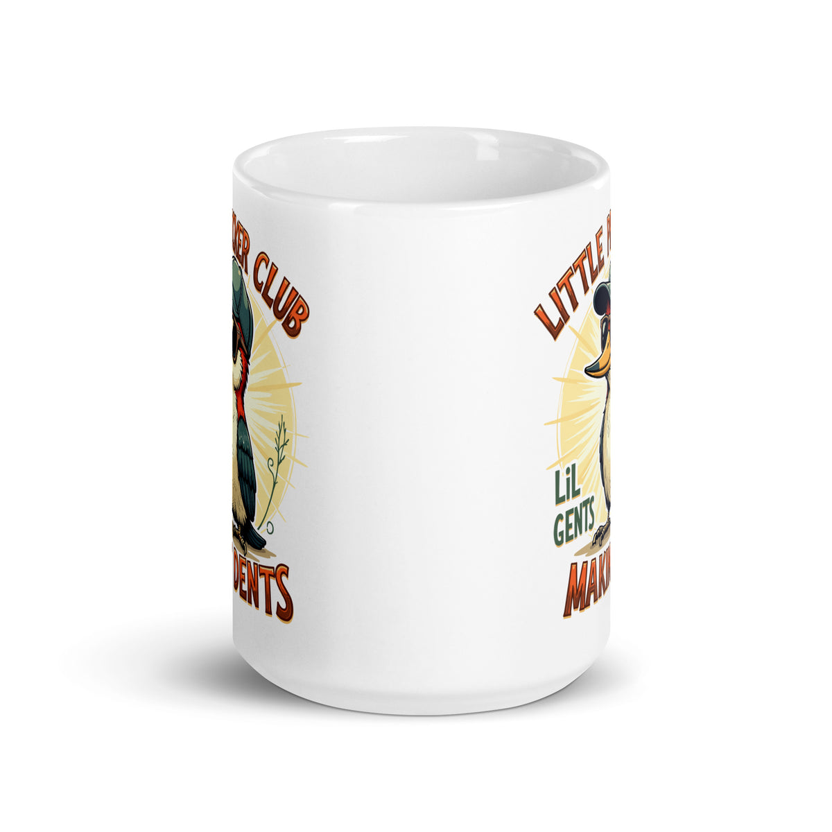White glossy mug with partial side print: “Lil Gents” and “Makin’ Dents”