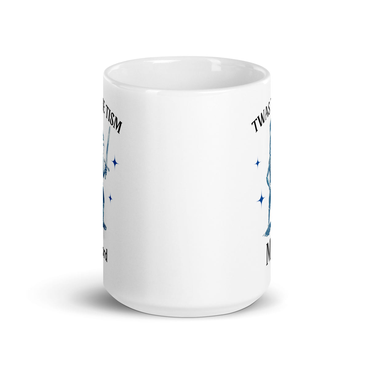 White glossy mug back with partial blue stars and 'M'Lord' text edges