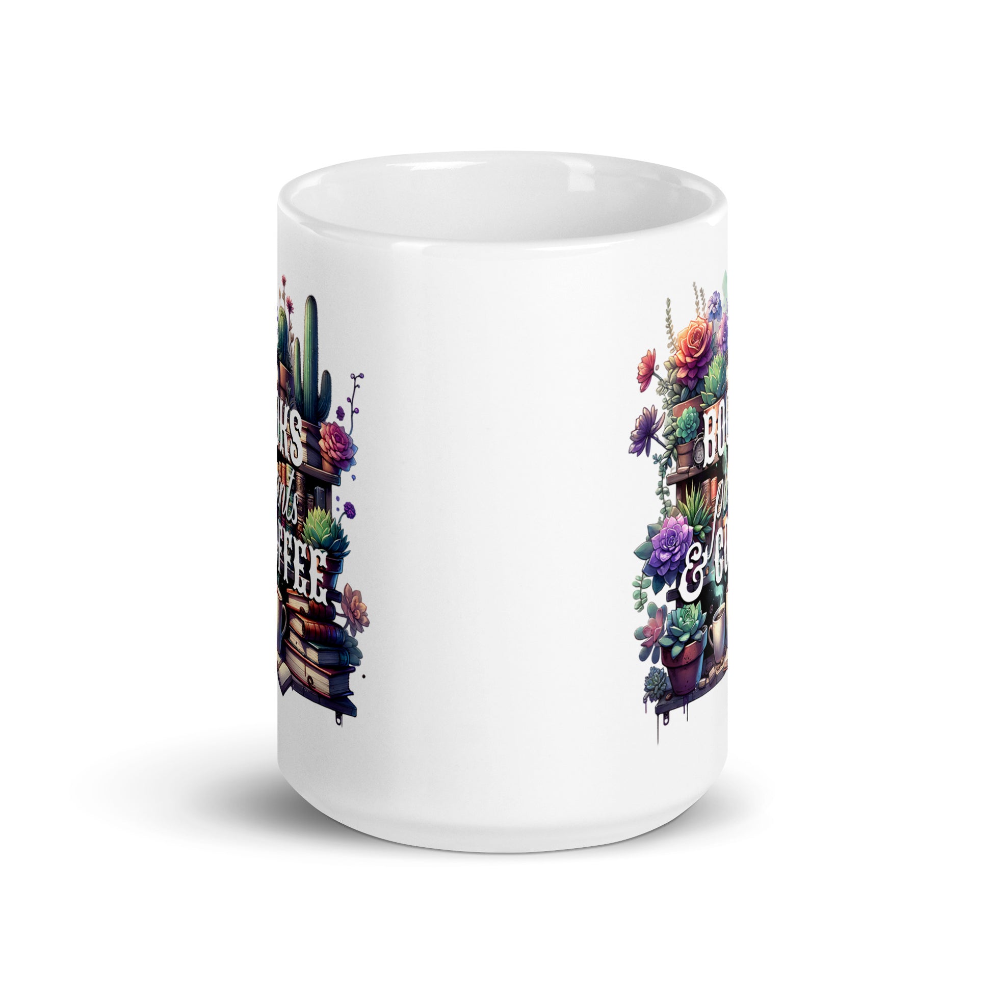 White glossy mug side view with partial “BOOKS plants & COFFEE” floral print