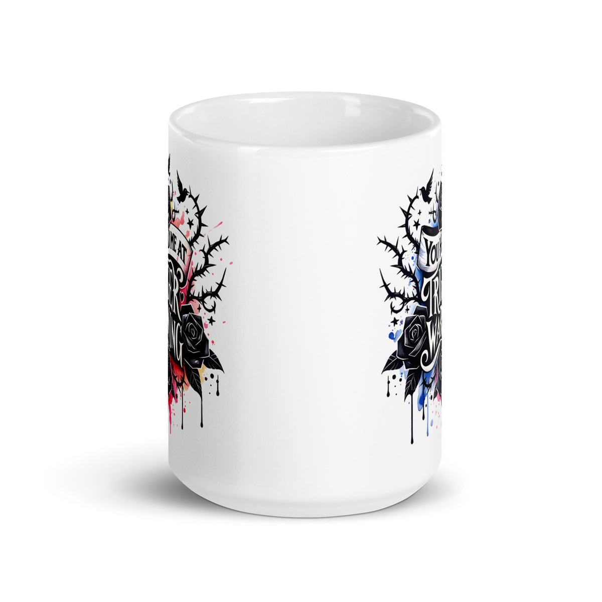 White glossy mug with partial reverse artwork featuring roses and dripping splatter