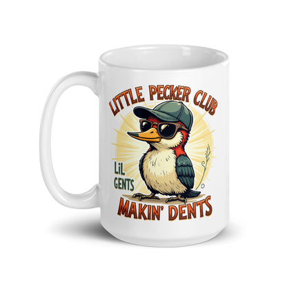 White glossy mug with central owl design and “Little Pecker Club” banner text