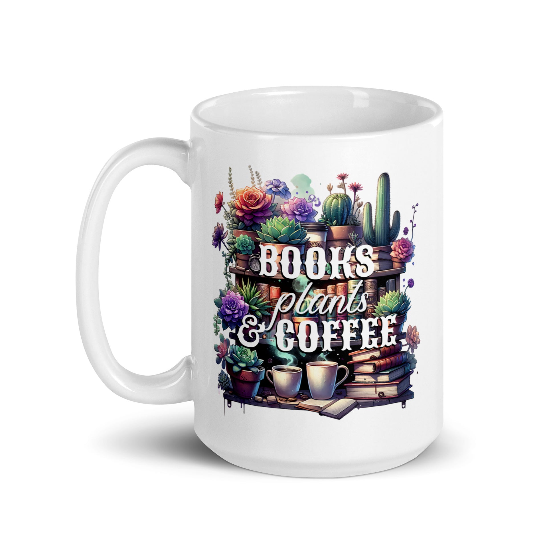 White glossy mug 3/4 view with “BOOKS plants & COFFEE” floral cactus and books graphic