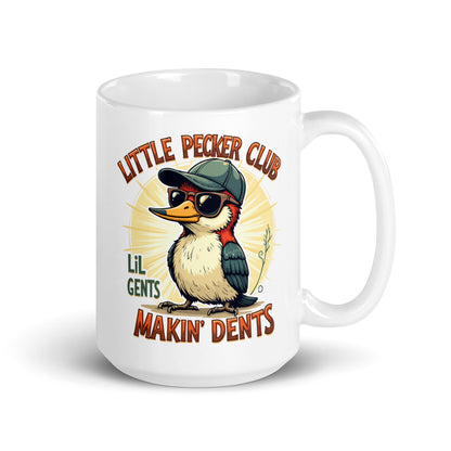 White glossy mug with owl graphic, “Lil Gents” and bold “Makin’ Dents” words