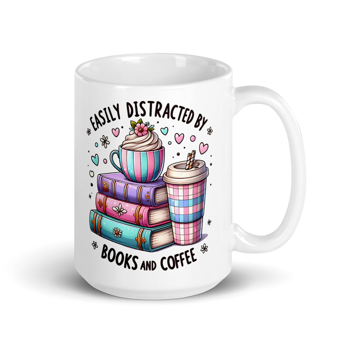 White glossy ceramic mug front view with stack of books, latte cup, and “Books and Coffee”