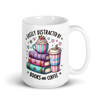 White glossy ceramic mug front view with stack of books, latte cup, and “Books and Coffee”