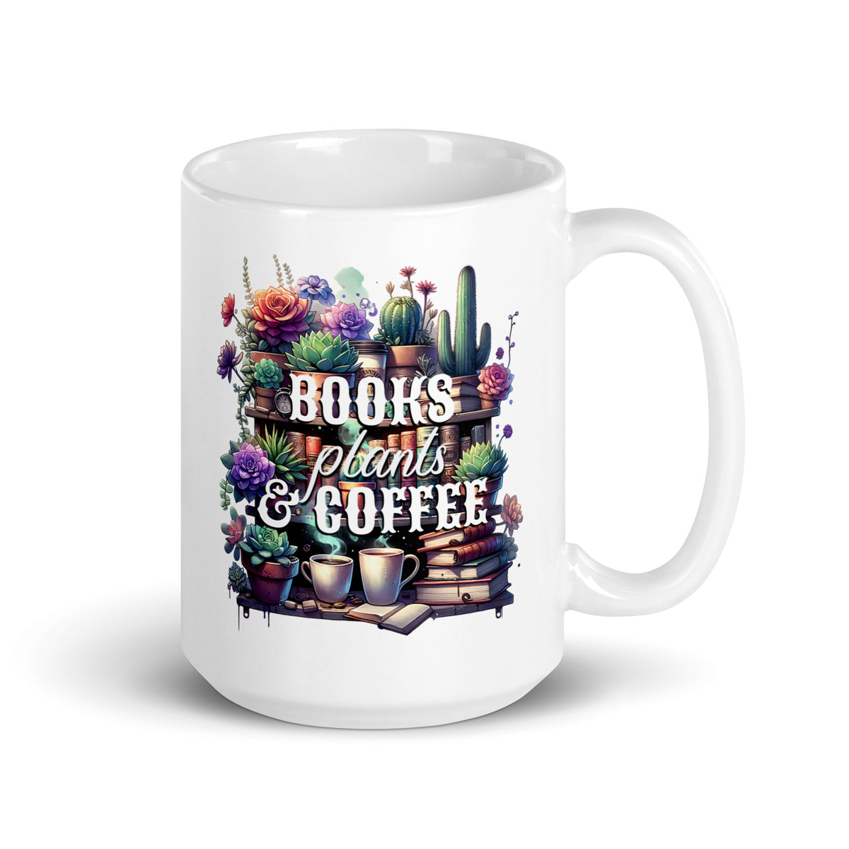 White glossy mug front view with “BOOKS plants & COFFEE” text over flowers and books