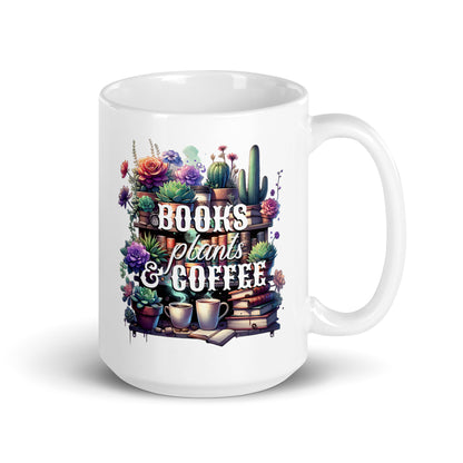 White glossy mug front view with “BOOKS plants & COFFEE” text over flowers and books
