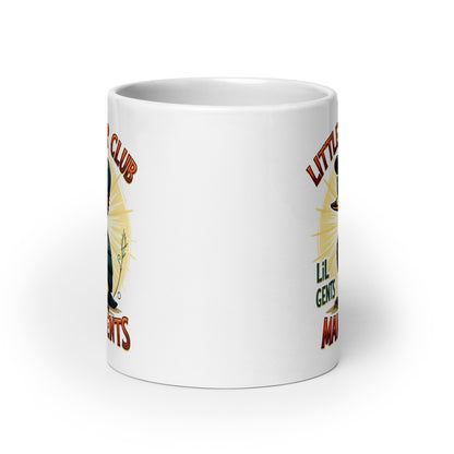 White glossy mug showing partial “Little Pecker Club” and “Lil Gents” print