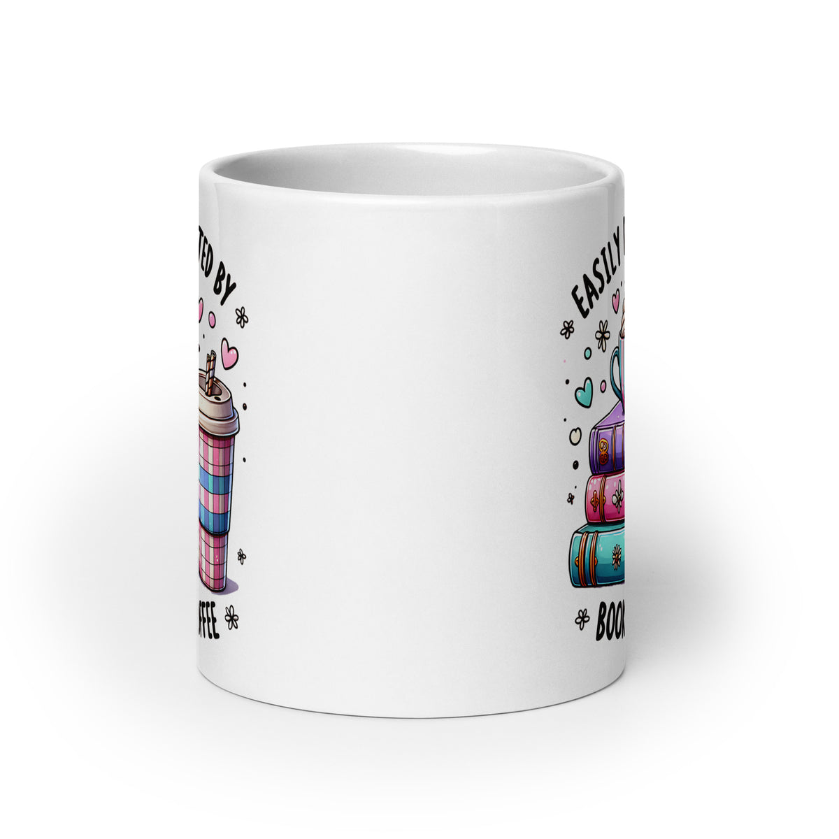 White glossy mug back-side view with partial “Easily distracted by” and “Books and Coffee”
