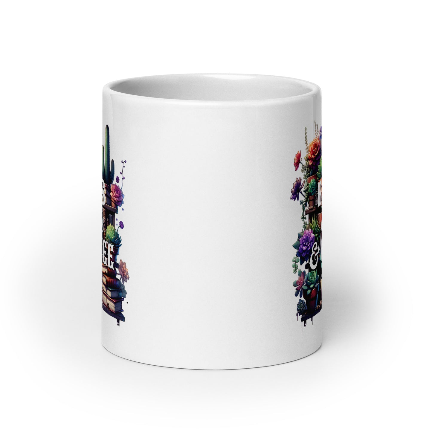White glossy mug side view with partial “BOOKS plants & COFFEE” print