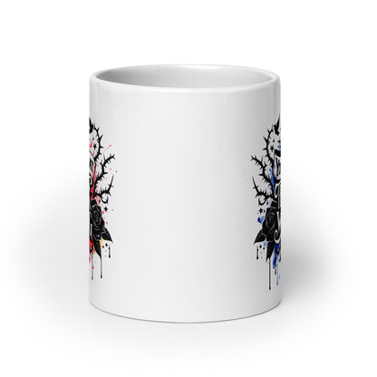 White glossy mug with narrow partial reverse design and dripping accents