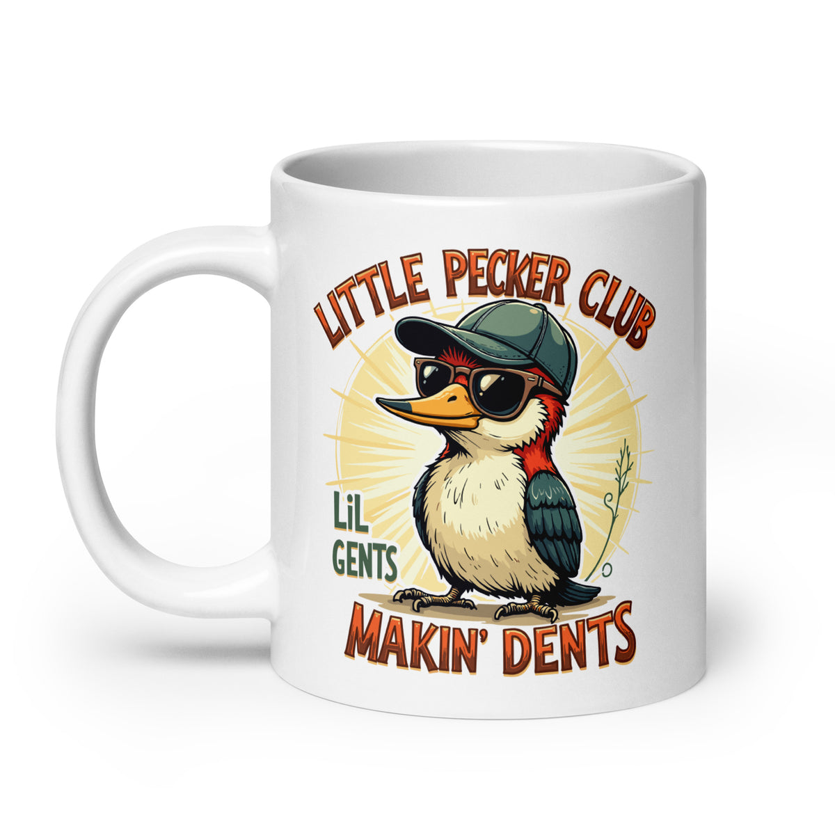 White glossy mug with “Little Pecker Club” graphic owl and “Makin’ Dents” text