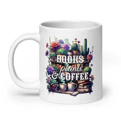 White glossy mug with colorful floral “BOOKS plants & COFFEE” print