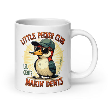 White glossy mug with owl graphic, “Little Pecker Club” title, and “Makin’ Dents”