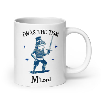 White glossy ceramic mug with blue knight sword graphic and bold 'M'Lord' text