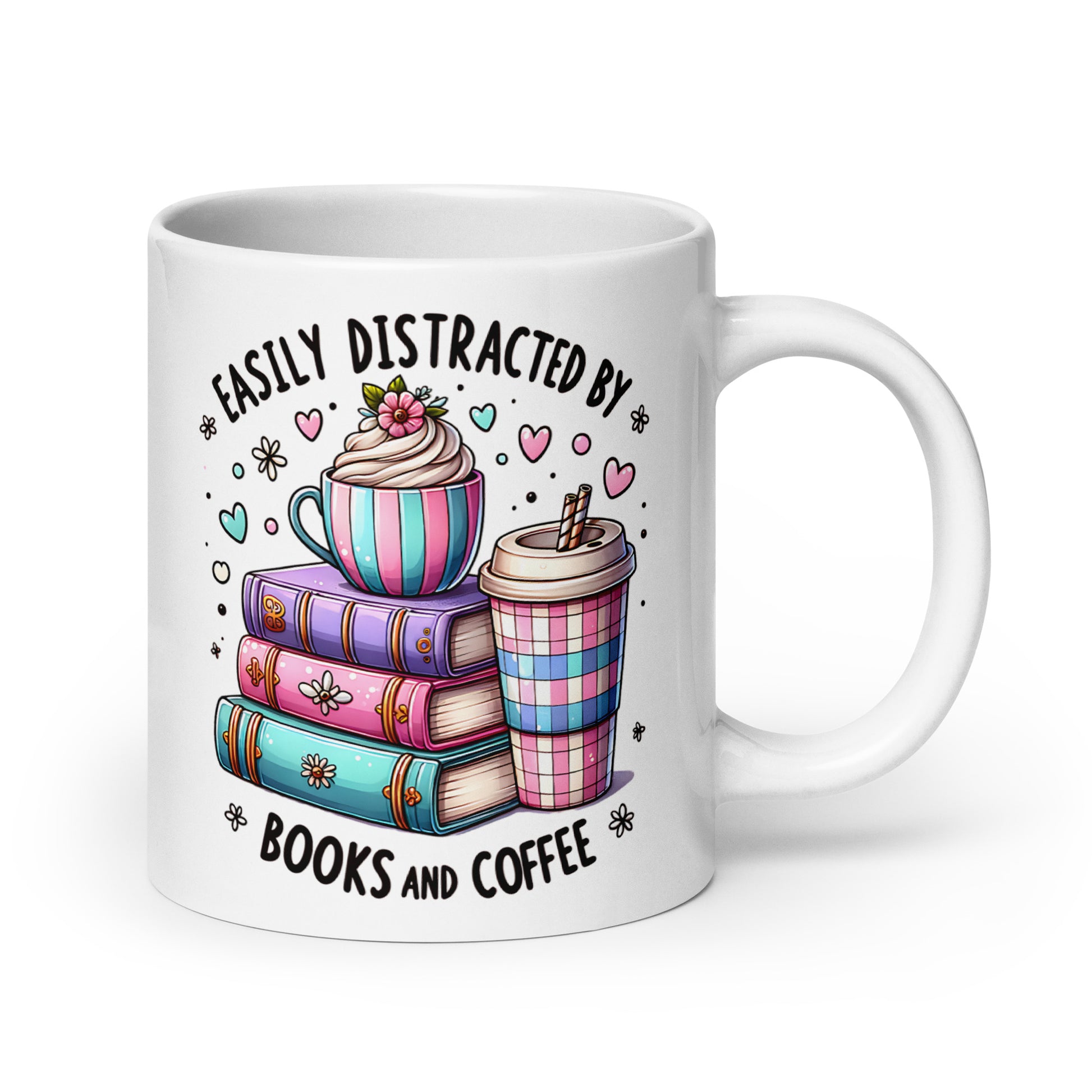 White glossy ceramic mug front view with books, cup, and hearts around “Books and Coffee”