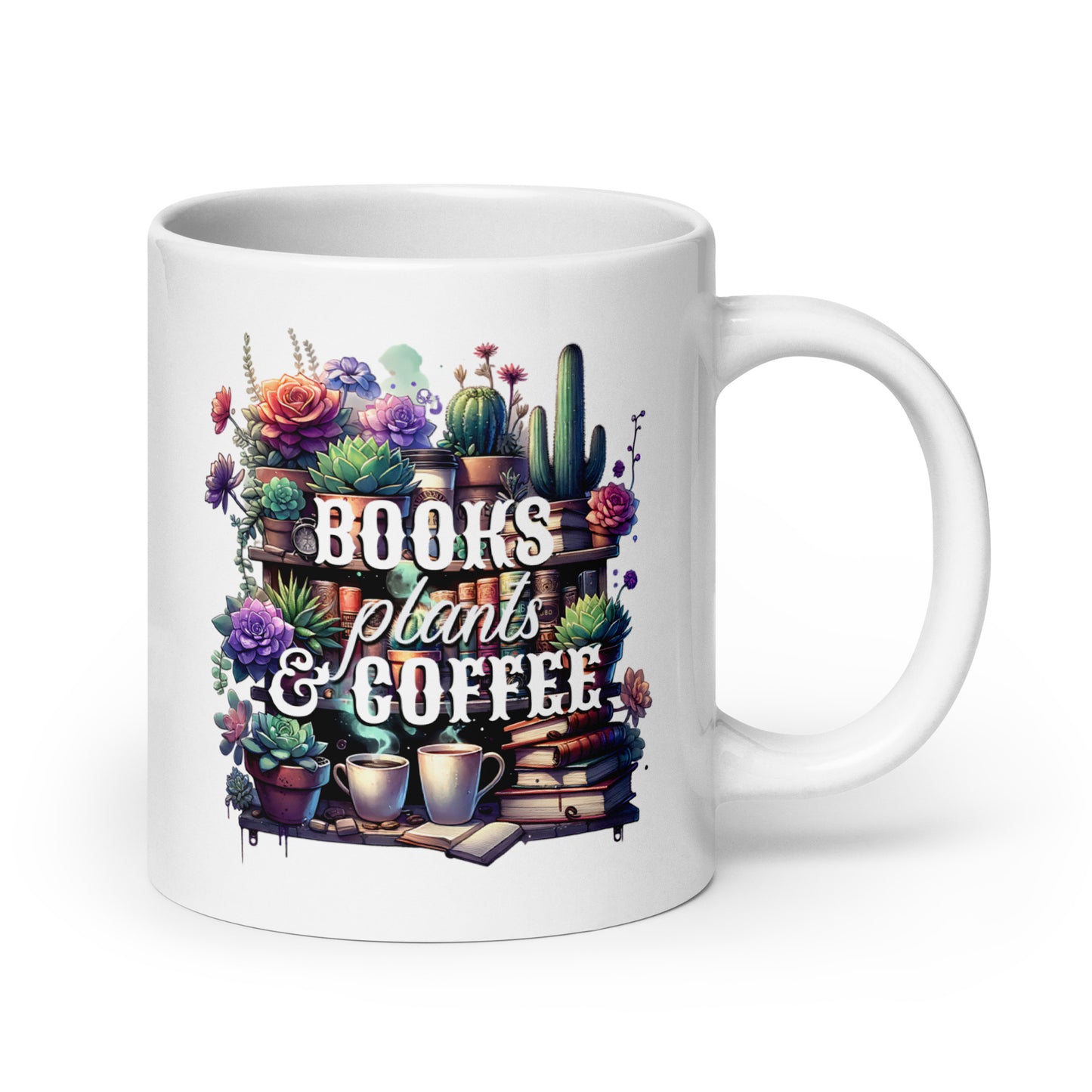 White glossy mug front with colorful “BOOKS plants & COFFEE” floral shelf design