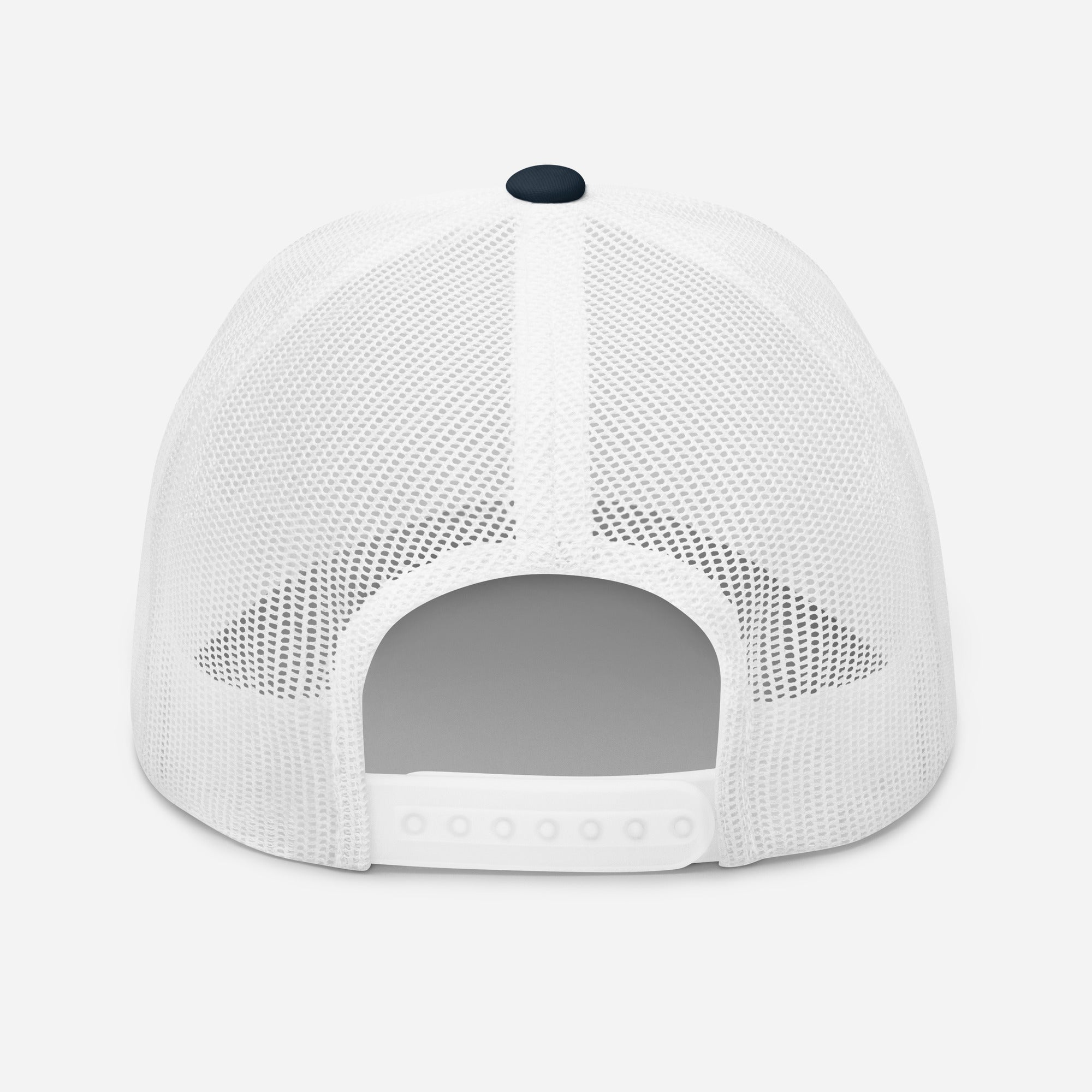 Back view of a white Christian Embroidered Hat with adjustable snap closure and mesh design